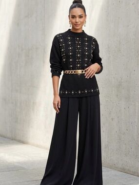 Vintage OHI Black Knitwear Sweater with Gold Sparkly Beadwork in a Star Motif